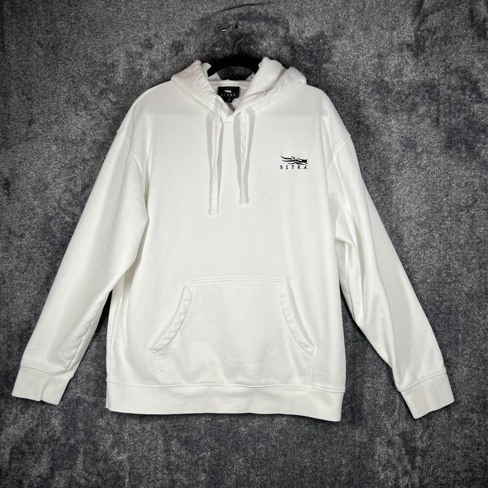 SITKA Hoodie Mens XL White Pullover Hooded Fleece Pockets Embroidered Logo